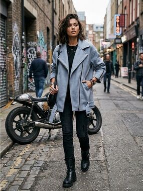 Channel your inner rockstar with this stunning, oversized moto-style jacket